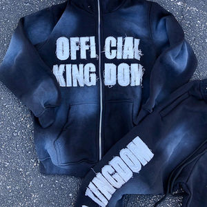 Distressed <b>Embroidery</b> Patch Men's Sweatsuit Zip up Hoodie Flared Pants Tracksuit Unisex Acid Washed Sweatpants and Hoodie <b>Set</b> - Product Image 3