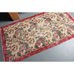 Vintage Large Area <b>Turkish</b> <b>Rug</b> 3.7 X 6.6 ft Beige Red Kilim Style Patchwork Wool Material 10mm Latex Eco Friendly Dining Room - Product Image 2