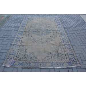 Alfombra turca vintage Beige Púrpura 5,7X8,9 pies Tejido plano de lana con patrón de retazos para decoraciones de sala de estar - Product Image 1