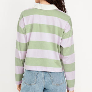 เสื้อกันหนาวปักลายสำหรับคู่รักเสื้อโปโลผ้าฝ้าย100% ลายขวางสไตล์วินเทจสีทึบ - Product Image 2