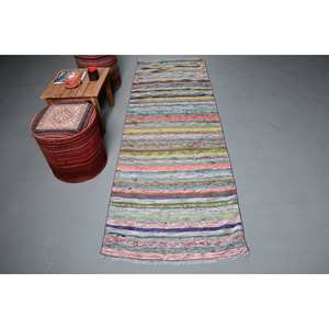 Alfombra turca Vintage moderna, rayas Beige, 2,8x8,5 pies, clásica, gran área, Material de lana, respaldo de látex, Rectangular para dormitorio - Product Image 1