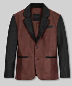 Veste en cuir véritable pour homme, marron et noir, bicolore, décontractée, col rabattu, bouton unique, coupe classique, pour l'automne - Product Image 2