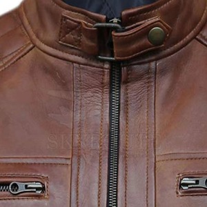 Chaqueta de cuero marrón Premium para hombre Estilo motorista clásico con hombros acolchados y bolsillos con cremallera - Product Image 5