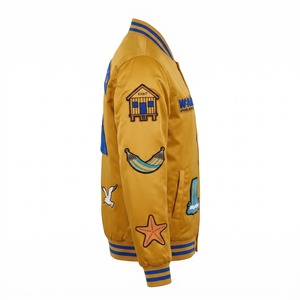 Blouson Bomber en Satin Personnalisé pour Homme, Jaune Moutarde, Bleu Royal, Patch Chenille Volcan, Doublure par Sublimation, Logo Personnalisé, OEM - Product Image 4