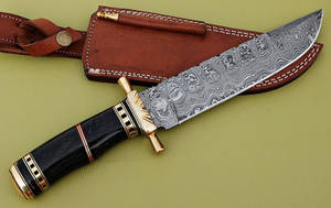 Cuchillo Bowie de caza de acero de Damasco hecho a mano personalizado con mango de cuerno OEM compatible con Funda de cuero de grado DIY de Knives Maker - Product Image 5