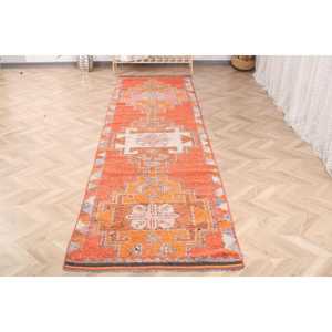 พรมเฮอร์กีวินเทจขนาด 3x12.1 ฟุต ลายดอกไม้สีส้ม พรมขนสัตว์ตุรกี - Product Image 2