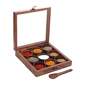Boîte à épices carrée en bois pliable de taille 8x8x2, fabriquée en Inde - Product Image 1