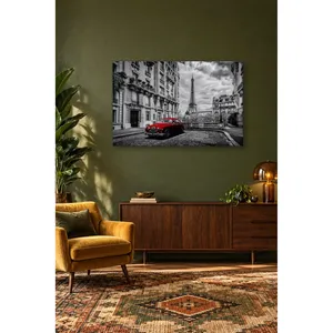 Impression sur toile Fida Black and White Paris Street avec Jaguar classique rouge - Product Image 1