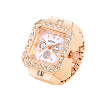 Montre Bague Unisexe en Acier Inoxydable avec Bracelet Élastique, Boîtier Carré à Quartz et Strass, Tendance, Cadeau de Mariage, Fête