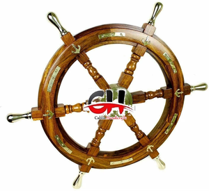 Armadura Medieval Volante de madera Centro de latón Antiguo Náutico Colgante de pared Rueda de barco Rueda redonda Decoración Regalo - Product Image 6