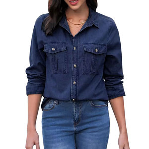 Chemise en jean à manches longues ajustée, boutonnée devant, vêtement décontracté, haut tendance pour le bureau et l'usage quotidien, chemise pour femmes - Product Image 1