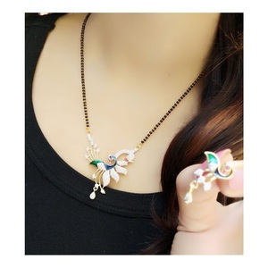 Vintage <b>Big</b> Peacock Mangalsutra Necklace Hindu Religious Brass Jewelry with Pearls and Diamonds Beaded Chains for Weddings - Product Image 1