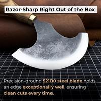 Couteau rond en cuir (demi-lune) forgé à la main en acier au carbone trempé, manche ergonomique en frêne, avec étui en cuir
