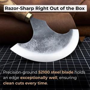 Couteau rond en cuir (demi-lune) forgé à la main en acier au carbone trempé, manche ergonomique en frêne, avec étui en cuir - Product Image 5