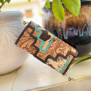 Cartera de mano de piel de vaca occidental, billetera tallada a mano, cuero de Color turquesa Vintage, tarjetas de crédito, billetera en efectivo, regalos - Product Image 1