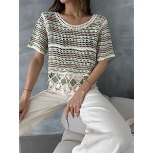 Blusa de malla verde esmeralda Topshow con dobladillo de pompones, elegante top de punto informal para mujer al por mayor para uso diario - Product Image 4