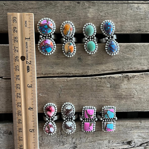 Two Stone Adjustable Bezel <b>Set</b> <b>Rings</b> Sterling <b>Silver</b> Turquoise Spiny Oyster Pink Conch Wild Horse Cotton Candy Handmade Vintage - Product Image 2