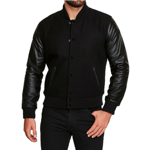 Chaqueta Bomber Negra para Hombre con Mangas de Cuero PU, Cuello Alto y Cierre de Botones, Estilo Casual para Otoño - Product Image 1