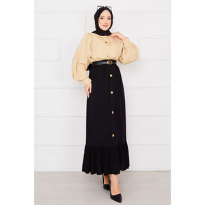 Jupe crayon noire modeste en mousseline avec taille élastique et détails boutonnés, coupe ajustée confortable, taille XS, style formel hiver - Product Image 1