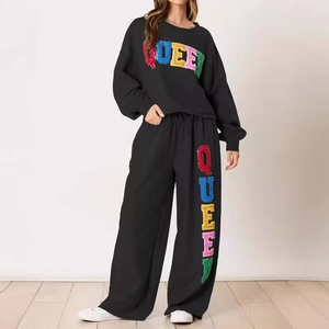 Conjunto de Sudadera Holgada de Felpa de Poliéster/Algodón con Cuello Redondo para Mujer, Conjunto Deportivo con Estampado de Diamantes de Imitación, Estilo Urbano para Otoño - Product Image 3