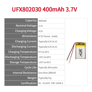 بطارية ليثيوم بوليمر قابلة لإعادة الشحن UFX 802030 بجهد 3.7 فولت وسعة 400 مللي أمبير في الساعة مع شهادات KC وUL1642 وPSE وUN38.3 - Product Image 2