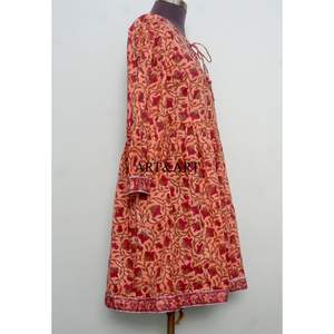 Hermoso Vestido Vintage de Mujer, 100% Algodón Tejido, Corte en A, Estampado Floral Hecho a Mano, Cuello Redondo, Mangas Abullonadas, para Vacaciones, Playa - Product Image 4