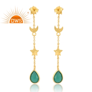 ต่างหูพลอยโอนิกซ์สีเขียวธรรมชาติชุบทอง18K สุดฮิตต่างหูแบบห้อยอัญมณีสีเขียวเงินแท้ - Product Image 4