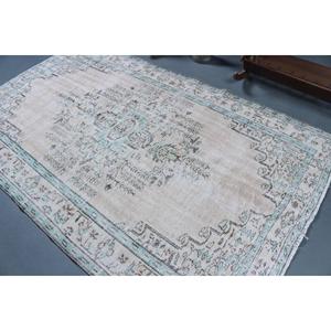 Tapis en laine patchwork vintage avec envers en latex, grande taille 5,3x8,7 pi, blanc et bleu, décoration intérieure écologique - Product Image 4