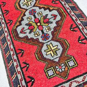 Vintage Rug, 1.8x3.2 ft Small Rug, <b>Red</b> Black <b>Wool</b> Rug - Product Image 3