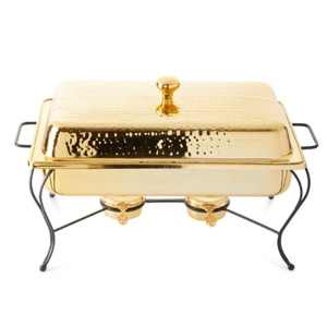 Réchaud à buffet rond en acier inoxydable au design vintage avec poignées dorées pour hôtel, restaurant et événements de traiteur - Product Image 2