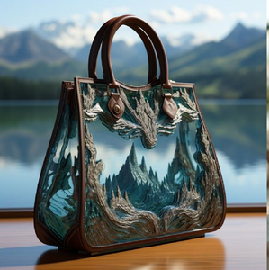 Designer <b>clear</b> tote with a 3D blue mountain landscape and brown leather. Top available at wholesale prices - Product Image 1