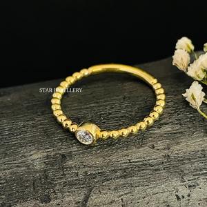 Anillo de Lujo para Mujer con Diamante Natural de una Sola Piedra en Engaste de Oro Sólido de 14K y Tallo con Cuentas, Ideal para Bodas y Fiestas - Product Image 3