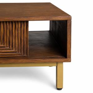 Brown Rectangular Wood Coffee <b>Table</b> with Sliding <b>Bamboo</b> Panel Modern Living Room Furniture - Product Image 3