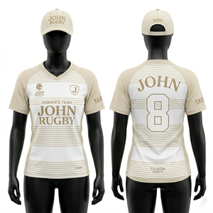 Camiseta de Rugby para Mujer, 180 GSM, Tejido de Poliéster Transpirable, Diseño de Paneles con Rayas en Azul Marino, Verde y Beige, Sublimación, Logotipo Personalizado - Product Image 3