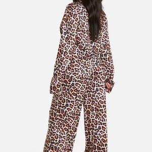 Comfortable Ladies Button Collared Leopard Print <b>Shirt</b> With Wide Leg Trouser Breathable <b>Italian</b> Tracksuit for Women Night Dress - Product Image 3