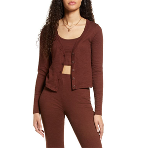 BP. Set Cardigan e Canotta in Misto Cotone Taglia X-Small Marrone Cioccolato Traspirante con Decorazione a Bottoni - Product Image 1