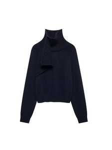 Suéter de punto azul marino elegante a la moda para mujer con bufanda, jerséis de manga larga de cuello alto para mujer, prendas de punto informales para mujer - Product Image 6