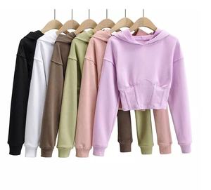 Sweat à capuche court en coton et fibre de bambou pour femme, respirant, anti-boulochage, poche kangourou, hiver, automne, décontracté, doublé devant - Product Image 3