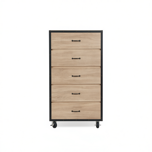 Commode à 5 tiroirs en chêne clair vieilli avec structure en fer, tiroirs de rangement industriels pour l'organisation de la maison - Product Image 1