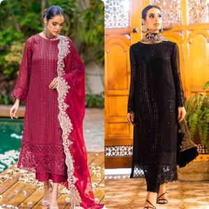 Diseñador Fancy Party Wear Premium Faux Georgette Secuencia Bordada Kurti Y Pantalón Con Cuatro Lados Fancy Lace Border Dupatta - Product Image 1