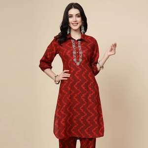 Nuevo Conjunto de Kurta y Pantalón de Rayón hasta la Rodilla para Mujer, Estilo Indio, Color Granate, Bordado, Ryon, Ropa Casual Elegante - Product Image 1