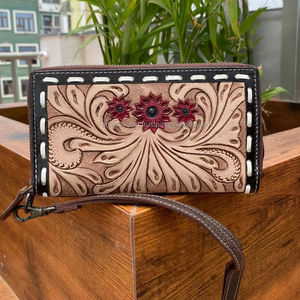 Portefeuille en cuir usiné à la main pour femmes Buck Stitch Western Floral portefeuille en cuir sculpté à la main en peau de vache Boho portefeuille à bracelet - Product Image 4