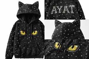 Sudadera con Capucha de Orejas de Gato y Pedrería AYAT, Sudadera con Ojos de Gato Desgastados, Ropa de Calle Brillante, Estilo Gótico Y2K, Sudadera con Capucha de Moda en Tiktok - Product Image 6