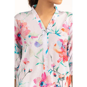 ชุดลำลองสีขาวนวลสำหรับผู้หญิง ฤดูใบไม้ผลิ/ฤดูร้อน ชุดพิมพ์ลายผ้าลอน 2 ชิ้น เสื้อแขนสามส่วนพร้อมกางเกงขาสั้น - Product Image 5