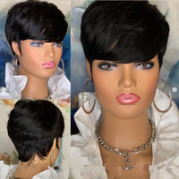 Vente flash : Perruque courte de style pixie, cheveux humains brésiliens Remy lisses avec frange, perruque ondulée pour femmes noires