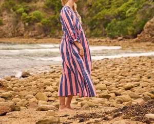 Vestido Midi a rayas de atardecer de algodón puro 100% para mujer, rayas multicolores vibrantes, suelto, ligero, transpirable para verano - Product Image 4