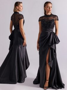 Elegante Vestido de Noche Azul Satinado Estilo Sirena con Manga Casquillo, Corpiño con Lentejuelas, Cintura Natural, Transpirable, Largo hasta el Suelo y con Abertura - Product Image 3