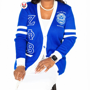 New Wholesaler Custom Logo Oversize Z Phi B Sorority <b>Royal</b> <b>Blue</b> Cable Knit Letterman Cotton Acrylic Sweater <b>Women</b> Long <b>Cardigan</b> - Product Image 6