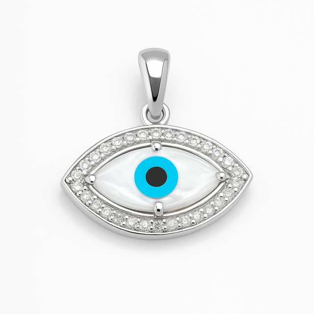 Wholesale Rhodium Plated Sterling Silver Women's Evil Eye Gemstone CZ Pendant Rhaya Jewels Minimalist Dainty Everyday Wear 2.3g