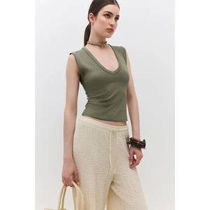 T-shirt décontracté et mignon pour femmes 100% coton Léger et respirant Coupe ajustée Tailles XS XXS XL avec décorations en maille et rayures - Product Image 6